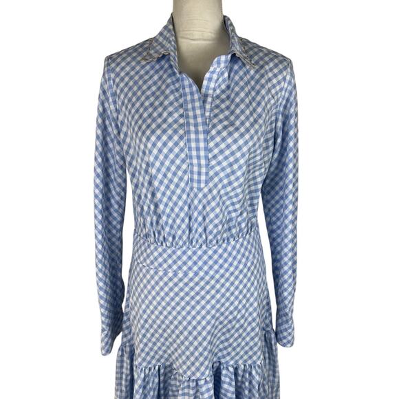 Tish Cox Checked Blue White Print Cotton Midi Shirt Dress Drop Waist Size Large - Picture 5 of 9